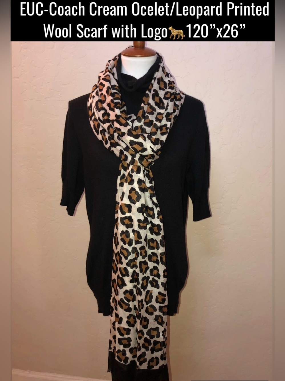 EUC-Coach Cream Ocelot/Leopard Printed Wool Scarf with Logo🐆